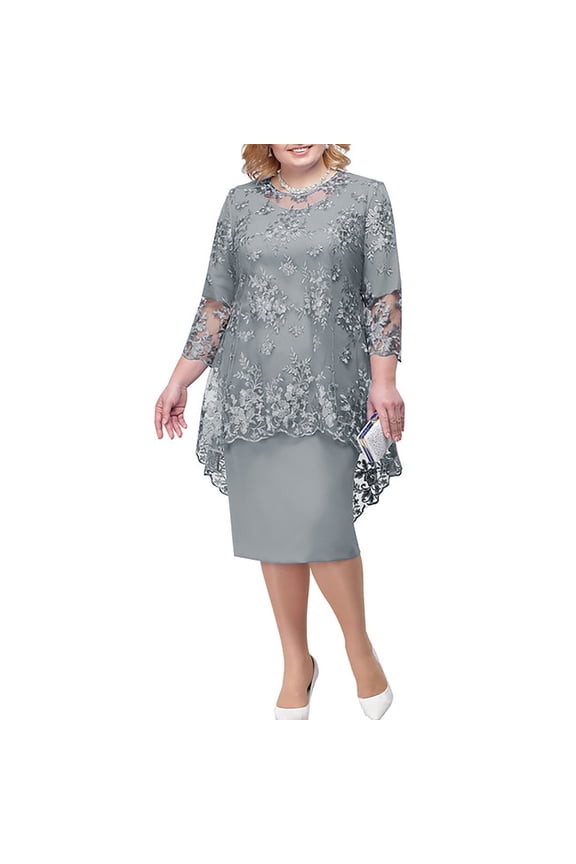 2 Pieces Dress Set for Women Plus Size Mother of The Bride Dresses Suit Lace Embroidery Party Dress Prom Dresses with Jewelry Gray,XXXL