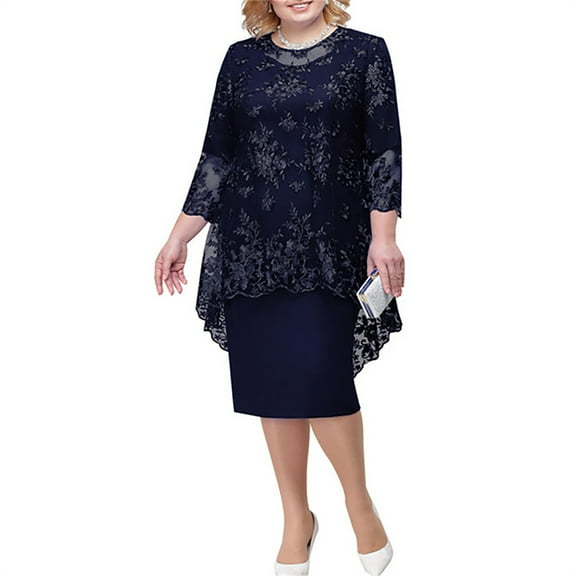 Fanxing 2 Pieces Dress Set for Women Plus Size Mother of The Bride Dresses Suit Lace Embroidery Party Dress Prom Dresses with Jewelry Navy,XL