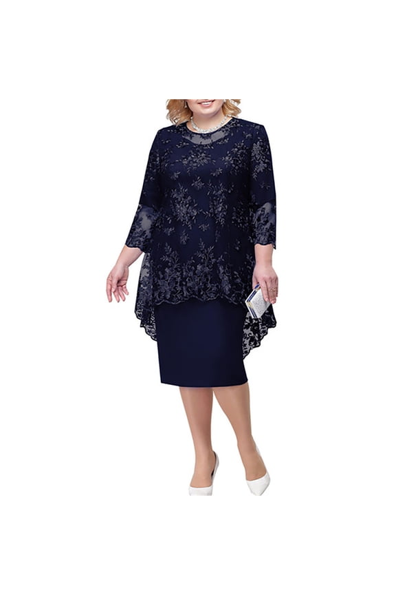 2 Pieces Dress Set for Women Plus Size Mother of The Bride Dresses Suit Lace Embroidery Party Dress Prom Dresses with Jewelry Navy,XXL