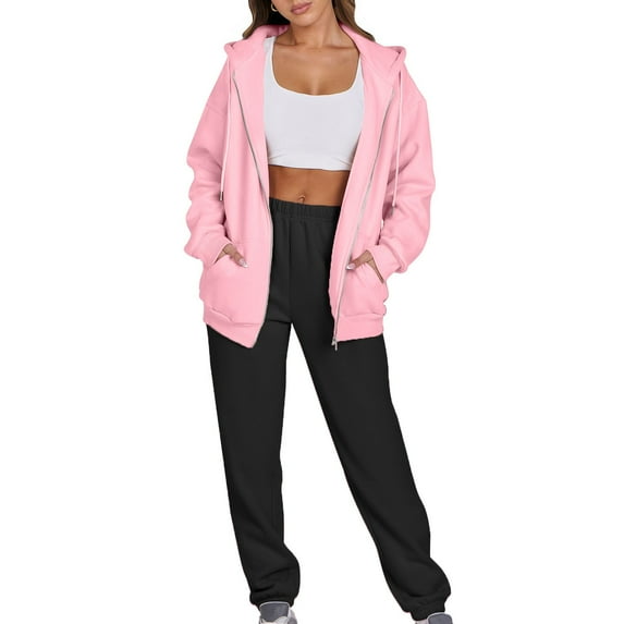 Fanxing Teen Girls Casual Zip Up Hoodie Sweatsuit Y2K Sweatshirts 2pcs Tracksuit Set Jogger Clothes Outfits for Women Workout Loungewear S-3XL