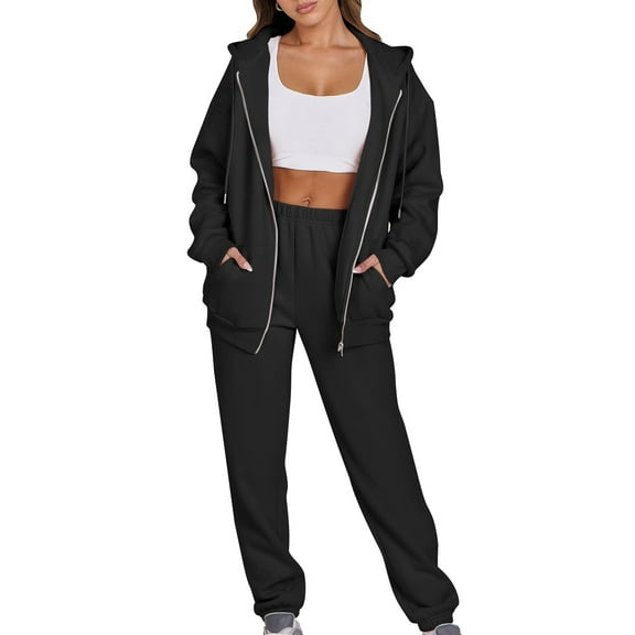 Fanxing 2025 Clearance Teen Girls Casual Zip Up Hoodie Sweatsuit Y2K Sweatshirts 2pcs Tracksuit Set Jogger Clothes Outfits for Women Workout Loungewear S-3XL