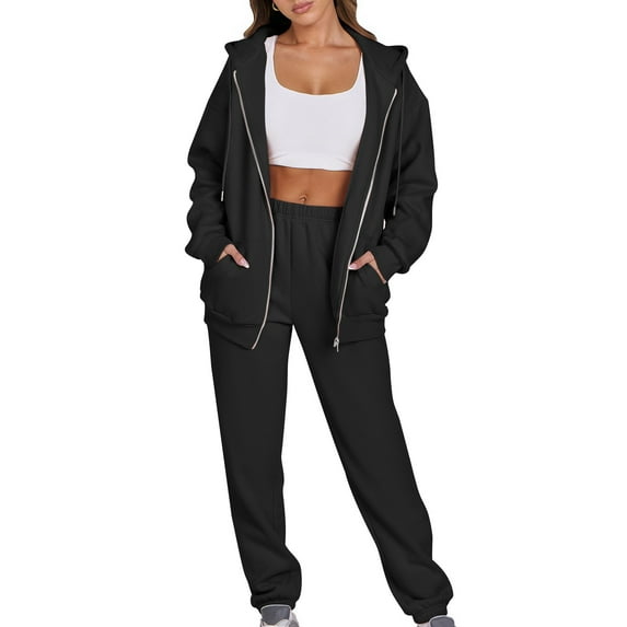 Fanxing 2025 Clearance Teen Girls Casual Zip Up Hoodie Sweatsuit Y2K Sweatshirts 2pcs Tracksuit Set Jogger Clothes Outfits for Women Workout Loungewear S-3XL