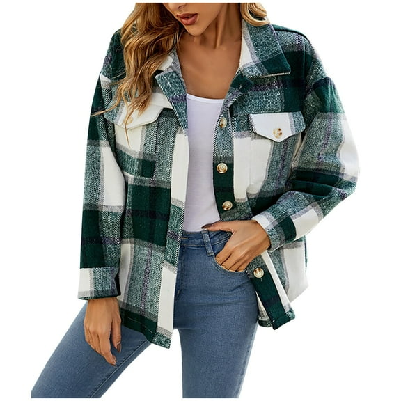 Fanxing 2025 Clearance Women Plaid Shacket Woolen Brushed Lapel Pocketed Button Down Shirt Fall Jackets Short Jacket Coats S,M,L,XL