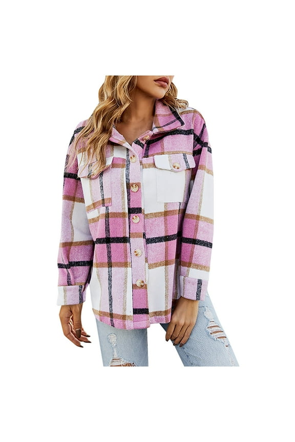 Women Plaid Shacket Woolen Brushed Lapel Pocketed Button Down Shirt Fall Jackets Short Jacket Coats S,M,L,XL