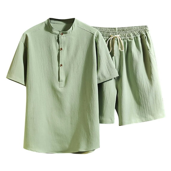 Fanxing 2025 Men's 2 Pieces Linen Set Long Sleeve Beach V-neck Button Down Shirts Summer Vacation Loose Yoga Pant with Pockets