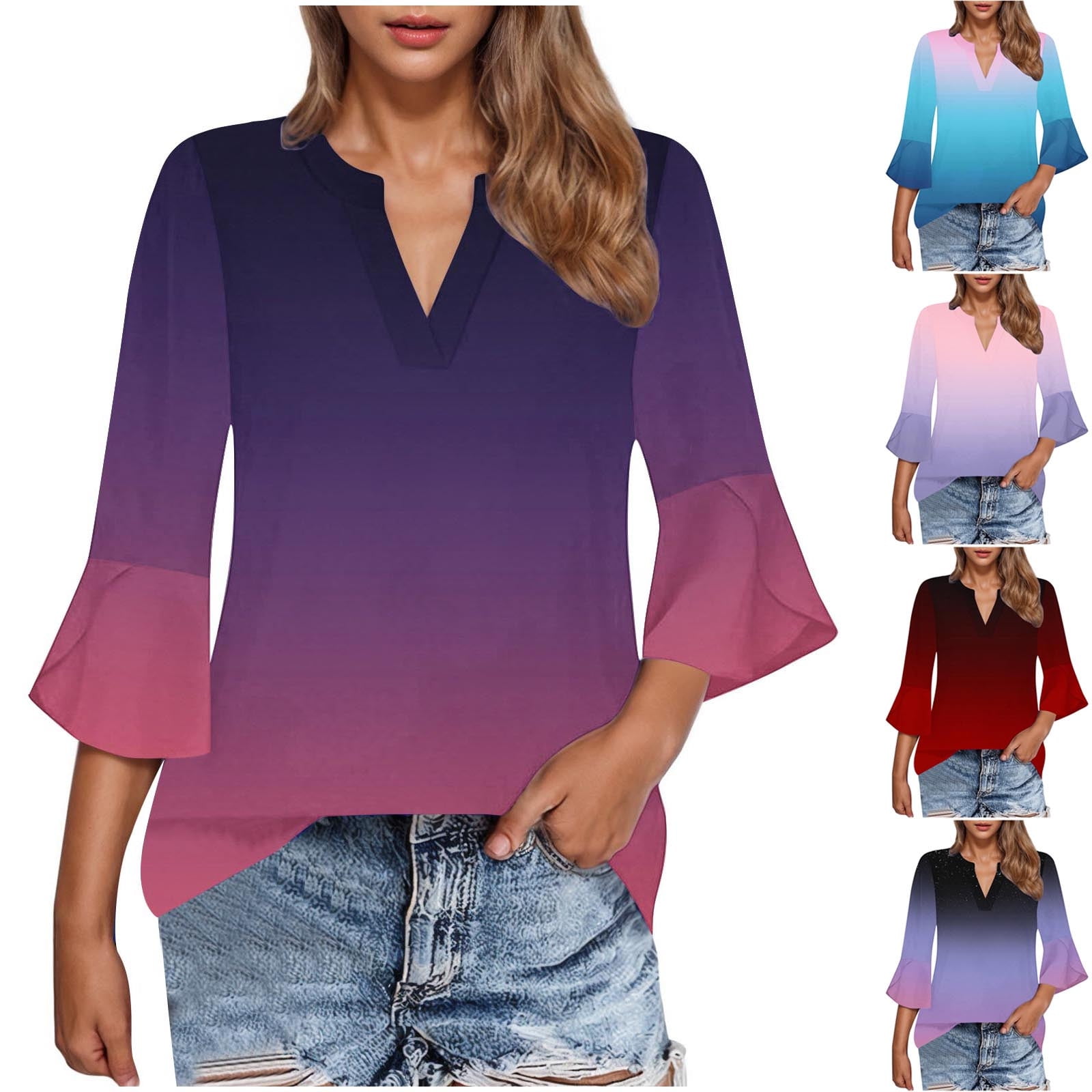 Mauve Tie Dye 3/4 Bell Sleeve Pleat Front Y Neck Top