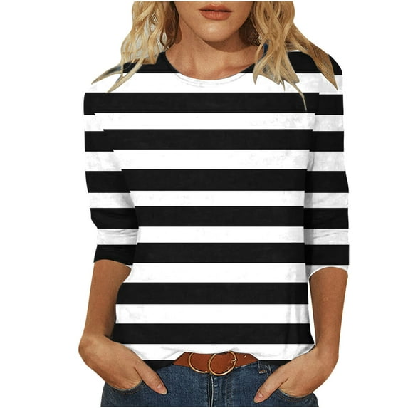 Fanxing 3/4 Length Sleeve Womens Tops Trendy Striped Shirts Three Casual Quarter Length Sleeve Tunic Blouses Black,M