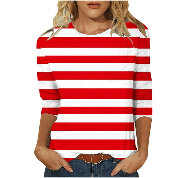 Fanxing 3/4 Length Sleeve Womens Tops Trendy Striped Shirts Three Casual Quarter Length Sleeve Tunic Blouses Red,XXXL