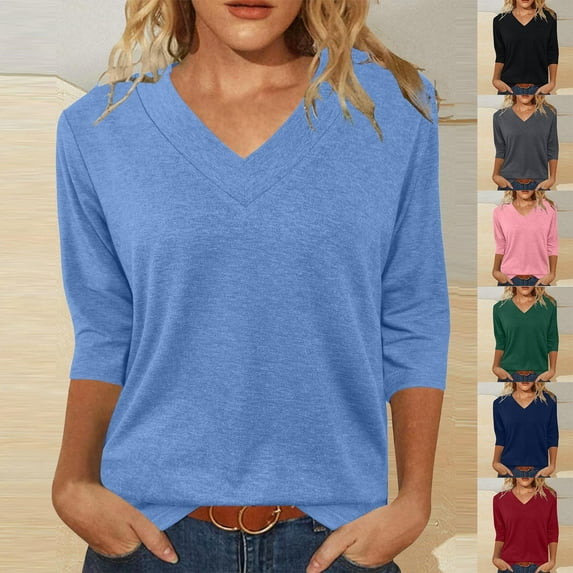 Fanxing 3/4 Length Sleeve Womens Tops V Neck Dressy Blouses Lightweight Summer Basic Tees Shirts Black,S