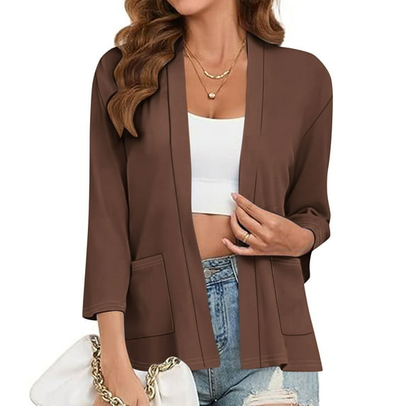 Fanxing 3/4 Sleeve Cardigan for Women 2025 Lightweight Casual Open Front Kimono Cover Up with Pockets Coffee 2XL