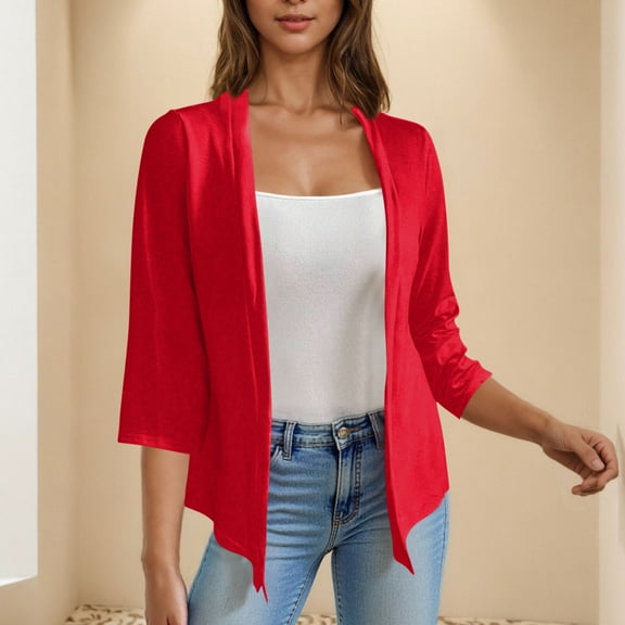 Fanxing 3/4 Sleeve Kimono Cardigan for Women Open Front Drape Casual Loose Lightweight Shrug Shawl Tops Red L