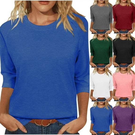 Fanxing 3/4 Sleeve Shirts for Women Summer Crew Neck T Shirts Trendy Solid Color Basic Tees Shirt Gray,S