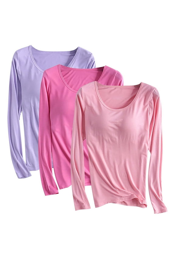 3 Pack Plus Size Tops Women Stretchy Fitted Long Sleeve Shirt Lightweight Crew Neck Basic Tops