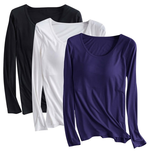 Fanxing 3 Pack Plus Size Tops Women Stretchy Fitted Long Sleeve Shirt Lightweight Crew Neck Basic Tops