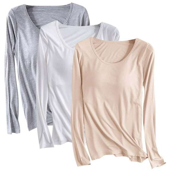 Fanxing 3 Pack Plus Size Tops Women Stretchy Fitted Long Sleeve Shirt Lightweight Crew Neck Basic Tops
