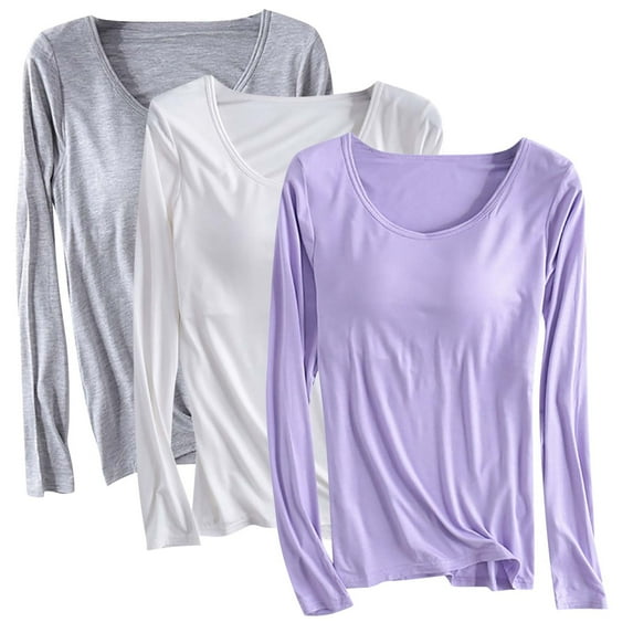 Fanxing 3 Pack Womens Long Sleeve Plus Size Shirts Crew Neck Slim Fit Going Out Tops Basic Tees Solid Color Cropped T Shirts