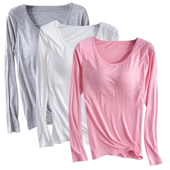 Fanxing 3 Pack Womens Long Sleeve Plus Size Shirts Crew Neck Slim Fit Going Out Tops Basic Tees Solid Color Cropped T Shirts