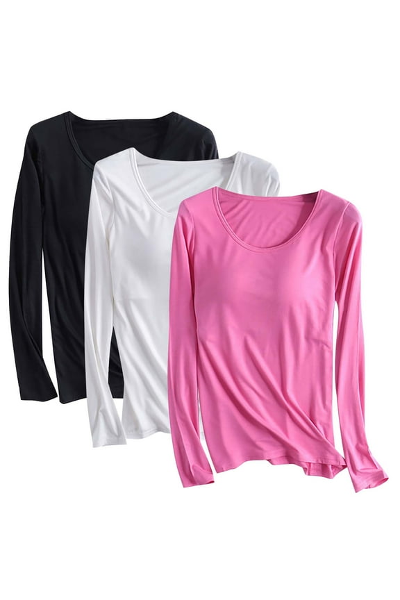 3 Pack Womens Long Sleeve Plus Size Shirts Crew Neck Slim Fit Going Out Tops Basic Tees Solid Color Cropped T Shirts