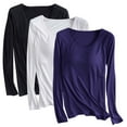 thumbnail image 1 of Fanxing 3 Pack Womens Long Sleeve Shirts Plus Size Going Out Tops Crew Neck Basic Tees Tight Fitted Casual Stretchy Cropped T Shirts, 1 of 3