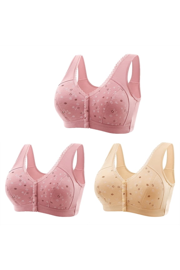 3PC Front Buckle Bra Buttons Full Coverage Bras, Bras for Older Women Front Clos,Beautiful Back Breathable Lace Bras Khaki,M