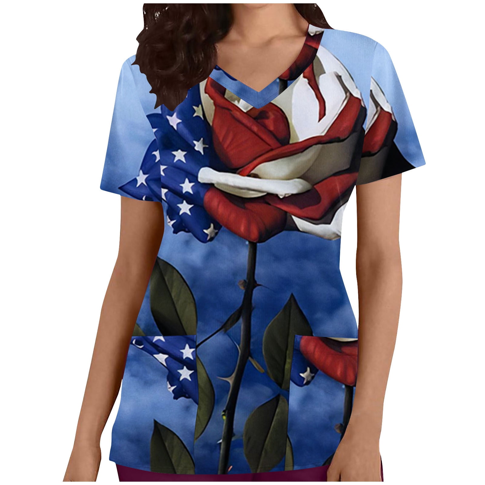 Fanxing 4th of July Women Scrub Shirt Tops American Star Stripe Flag