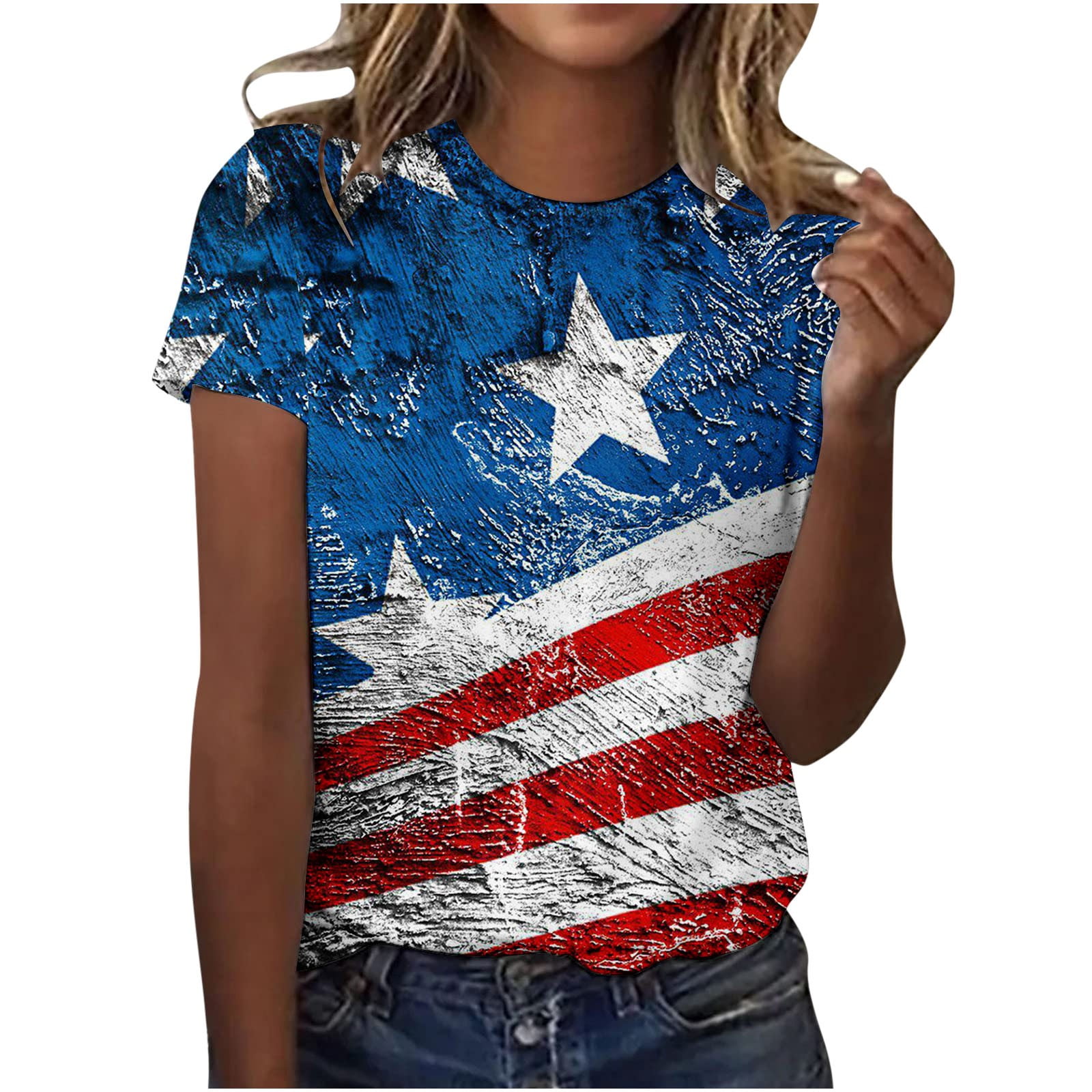 Fanxing 4th of July Women's Shirts Bleached Vintage American Flag