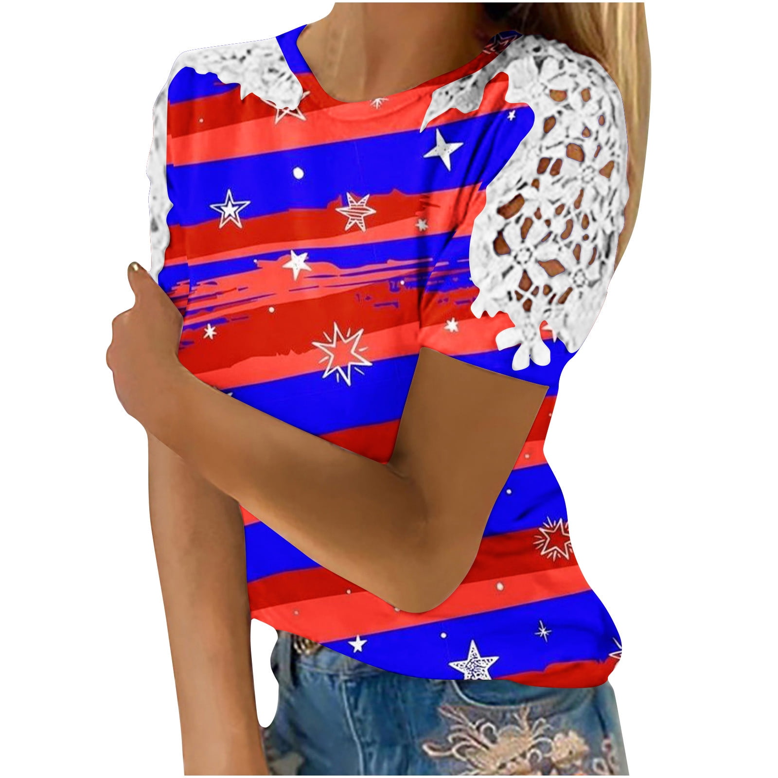 Fanxing American Flag Shirts for Women Vintage Lace Short Sleeve T