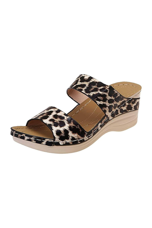 Arch Support Sandals for Women Leopard Print Open Toe Vintage Platform Wedge Sandals Comfort Walking Slides