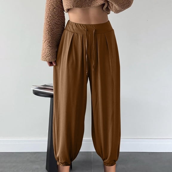 Fanxing Baggy Harem Pants for Women Summer Loose Elastic Waist Drawstring Trousers Lightweight Casual Versatile Lounge Joggers Brown S