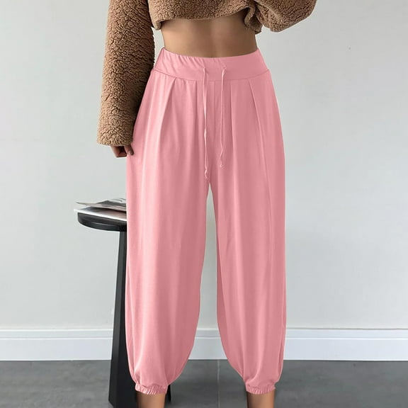 Fanxing Baggy Harem Pants for Women Summer Loose Elastic Waist Drawstring Trousers Lightweight Casual Versatile Lounge Joggers Pink S