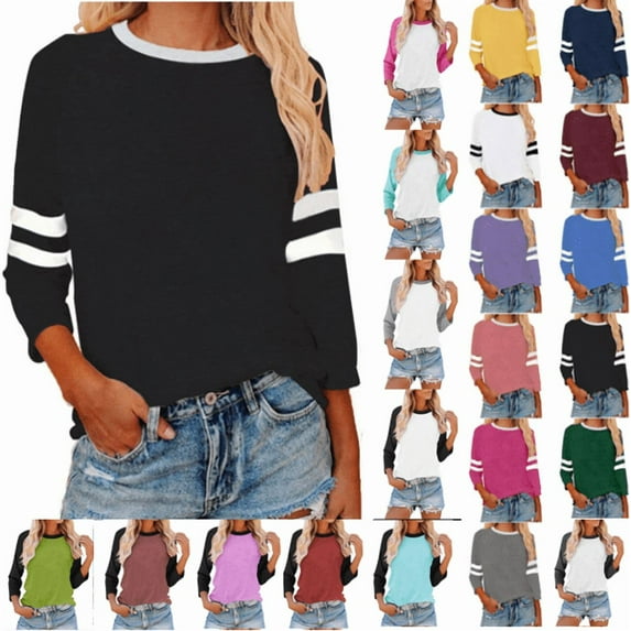 Fanxing Baseball Tshirt Womens Three Quarter Sleeve Tops for Women 3/4 Length Sleeve Womens Tops Plus Size Blue,L