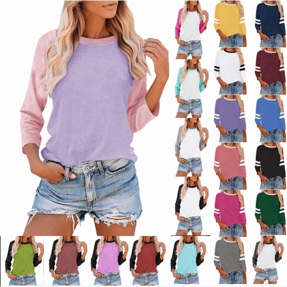 Fanxing Baseball Tshirt Womens Three Quarter Sleeve Tops for Women 3/4 Length Sleeve Womens Tops Plus Size Purple,XL