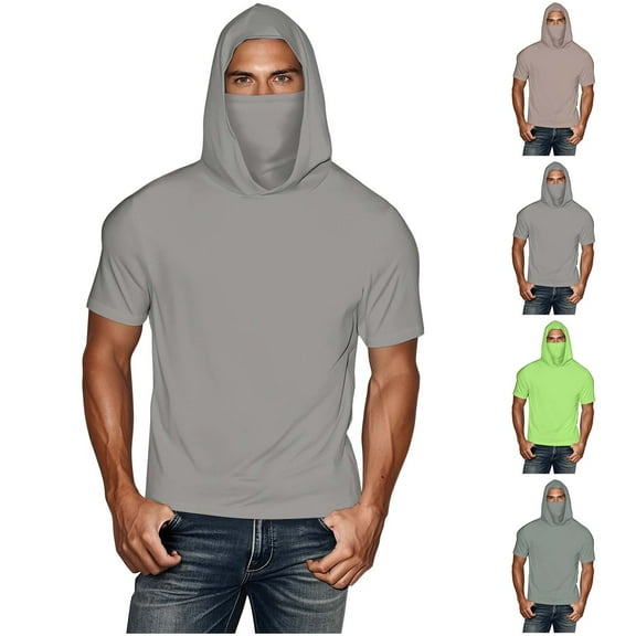 Fanxing Big and Tall Cooling Sun Shirt with Face Mask Short Sleeve Hoodie Mens UPF 50  UV Sun Protection Shirts Lightweight Performance Fishing Shirt Gray,L
