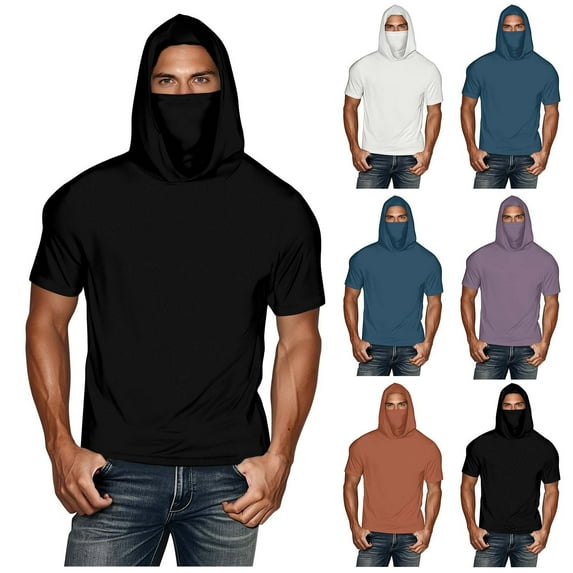 Fanxing Big and Tall Cooling Sun Shirts for Men with Hood Short Sleeve Lightweight Tees with Masks Fishing Hoodie Black,XXXL