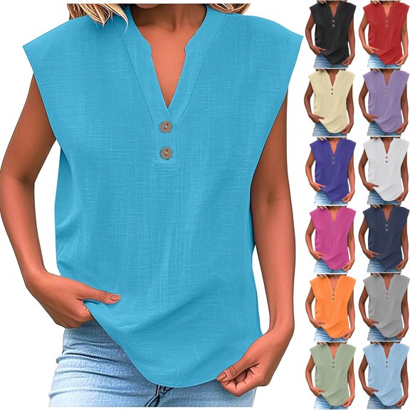 Fanxing Black Linen Tank Tops for Women 2xl Gauze Pleated Front V Neck Sleeveless Summer Camis Shirts with Side Slit （Women's S-2XL)