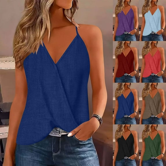 Fanxing Blue Summer Tank Tops for Women Loose Fit Pleated Tunics Xl Flowy Flared V Neck Sleeveless Tops (Women's S-2XL)