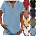 thumbnail image 1 of Fanxing Boho Linen Shirts for Women 2025 Gauze Short Sleeve V Neck Button Henley Tops Casual Tunic Summer Tops Loose Fit Vacation Blouses S-2XL, 1 of 7