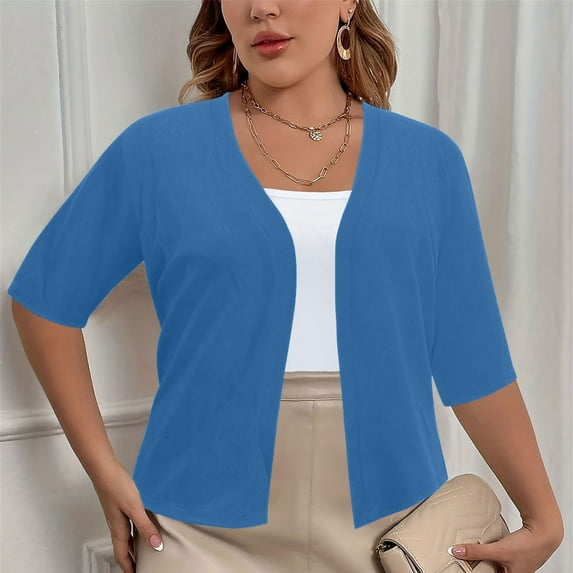Fanxing Bolero Shrugs for Women Plus Size Open Front Cardigan Loose Business Casual Short Sleeve Cropped Tops Blue 2XL