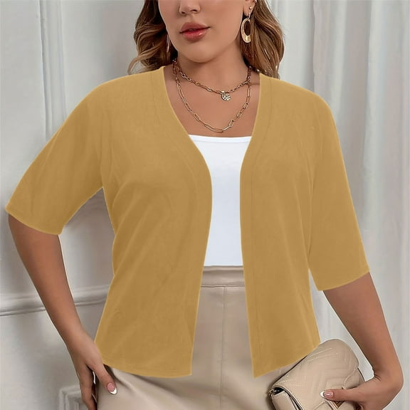 Fanxing Bolero Shrugs for Women Plus Size Open Front Cardigan Loose Business Casual Short Sleeve Cropped Tops Khaki 4XL