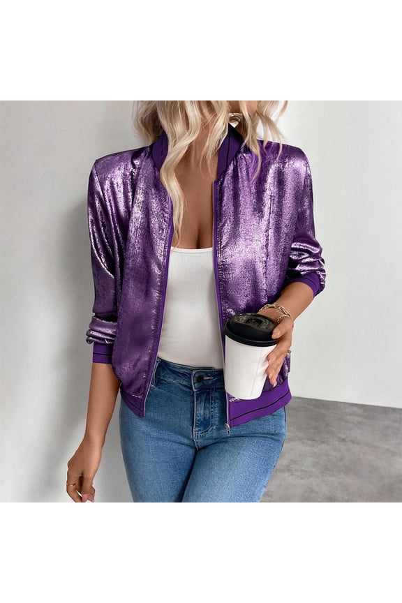 Bomber Jacket for Women Zip Up Long Sleeve Lightweight Metallic Streetwear Coat Purple M
