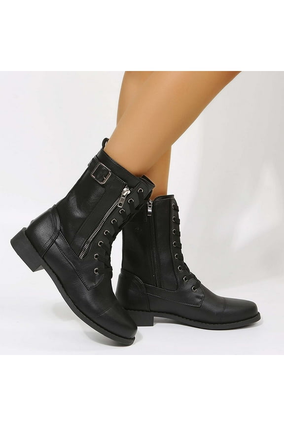 Boots Clearance 2025 Women's Biker Boots Lace up Combat Riding Military Boot Mid Calf Motorcycle Fashion Festival Boots Combat Riding Military Boots for Women