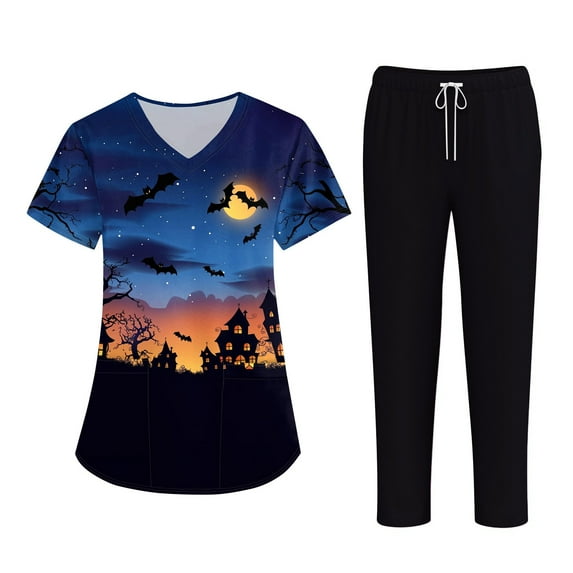 QHRMKOG Womens Halloween Tops Oversized Short Sleeve V Neck Print Pockets Shirts Fashion Outfits Trendy Uniform Suit Blue 2XL