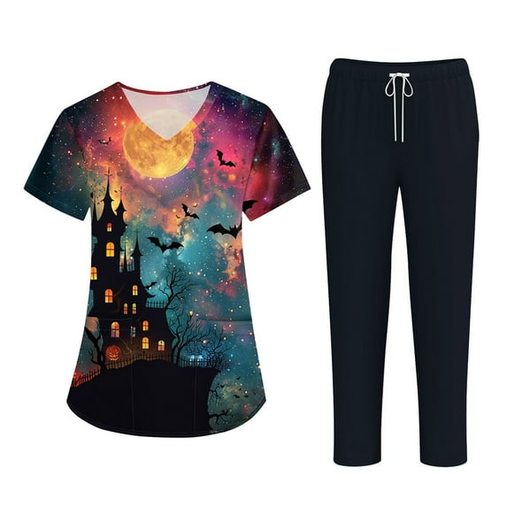 QHRMKOG Halloween Scrubs for Women Plus Size Print Pockets Short Sleeve V Neck Shirt Cute Outfits Casual Uniform Suit Blue XL