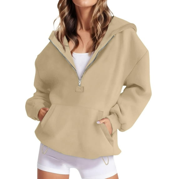 QHRMKOG Hoodies for Women Winter Fashion Half Zip Drawstring Pullover Hoodies Loose Fit Fleece Sweatshirt with Pockets Casual Jackets Khaki 2XL
