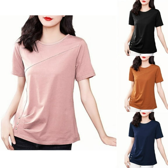 Fanxing Brown Casual V Neck Short Sleeve Blouses Ruched Waist Shirt Vacation Clothes