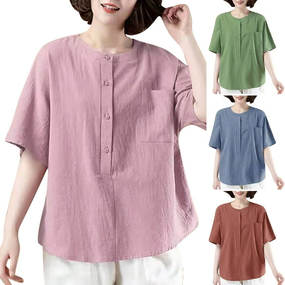Fanxing Brown Dressy Casual Button Neck Vintage Summer Blouses Shirts