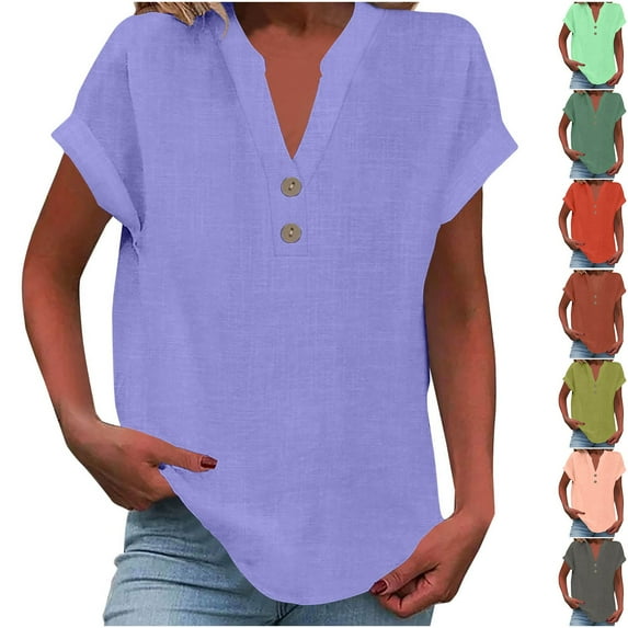 Fanxing Brown Summer Tops for Women Plus Size XL 2025 Trendy Short Sleeve Cotton Linen Shirt Casual Button V Neck Tunic Blouses ( Women's Plus S-5XL)