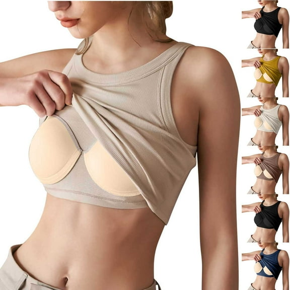 Fanxing Built in Bra Camisole Tops for Women Workout Layer Padded Yoga Shirts Summer Casual Spaghetti Strap Tanks Blue,S