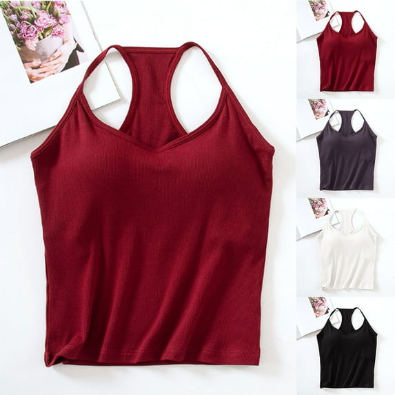 Fanxing Built in Bra Tank Tops for Women Spaghetti Strap Workout Shelf Bra Camisole Tops Racerback Padded Solid Sports Under Clothes Wine,XL