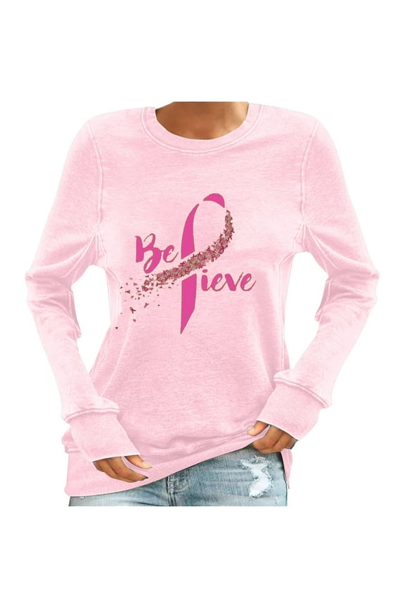 Cancer Shirts for Women 2025 Crewneck Sweatshirts Breast Cancer Awareness Tshirt Pink Ribbon Survivor T-Shirts Inspirational Long Sleeve Tops Pullovers